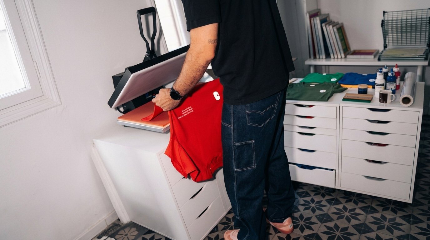 David estampando una camiseta roja PORTA con la prensa de calor