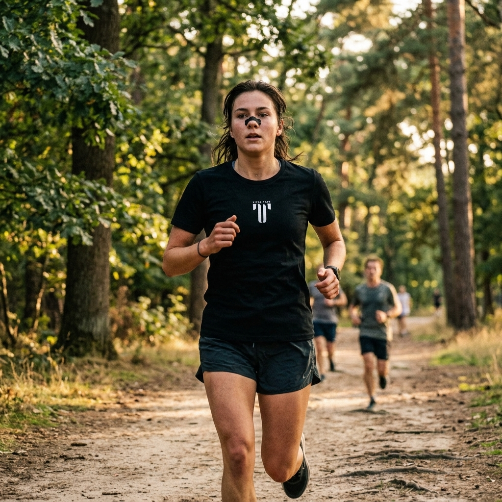 Corredor con camiseta Vitaltape en el bosque